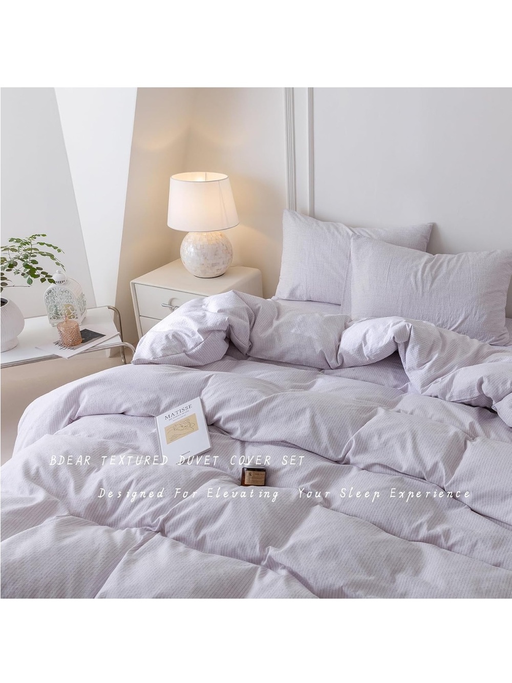 NEW 3Pcs Light Purple Pinstriped Duvet Cover Set Queen Size 90''Wx90''L - Picture 4 of 7
